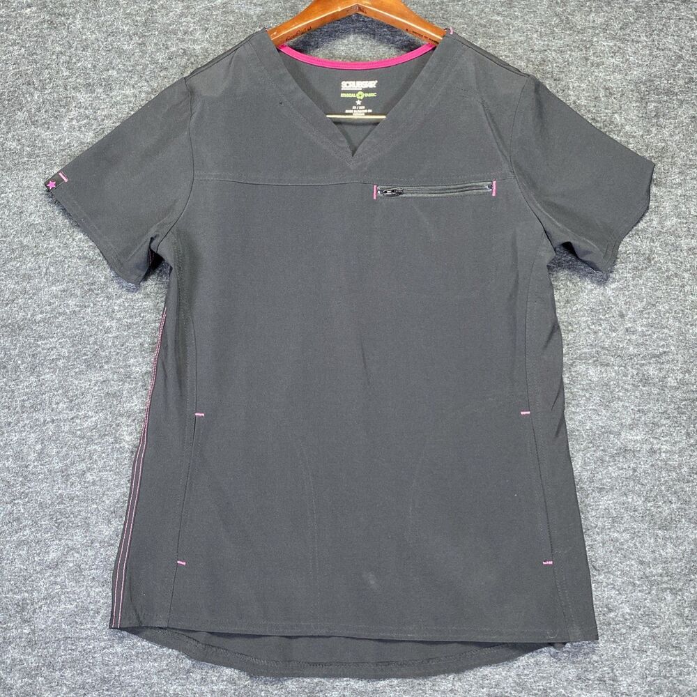 Scrubstar Scrub Top Womens XS Black Short Sleeve V-Neck Nurse Medical Zip Pocket